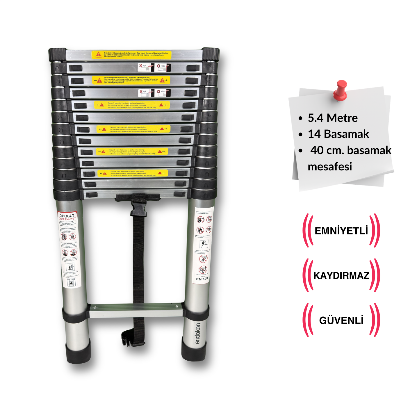 Endokon 540 cm. - 14 Basamaklı Teleskopik Alüminyum Merdiven - I Tipi Uzayan Merdiven