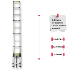 Endokon 580 cm. - 15 Basamaklı Teleskopik Alüminyum Merdiven - I Tipi Uzayan Merdiven